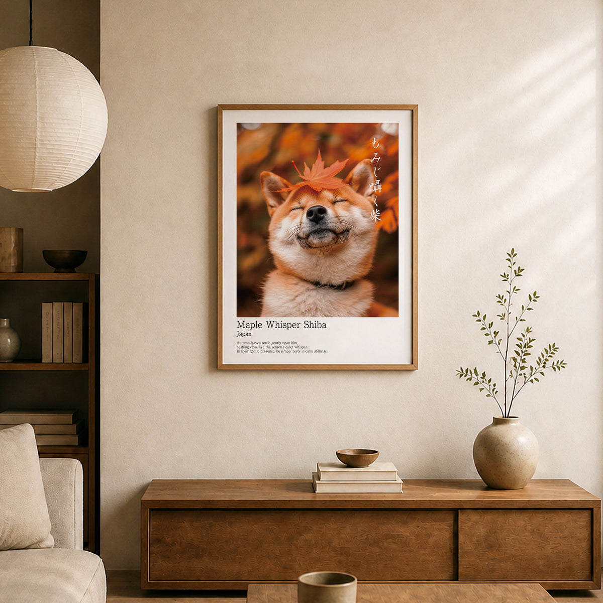Japanese Shiba Inu Autumn Art – Maple Zen Dog Print, Minimalist Japandi Wall Decor (3:4 Edition)