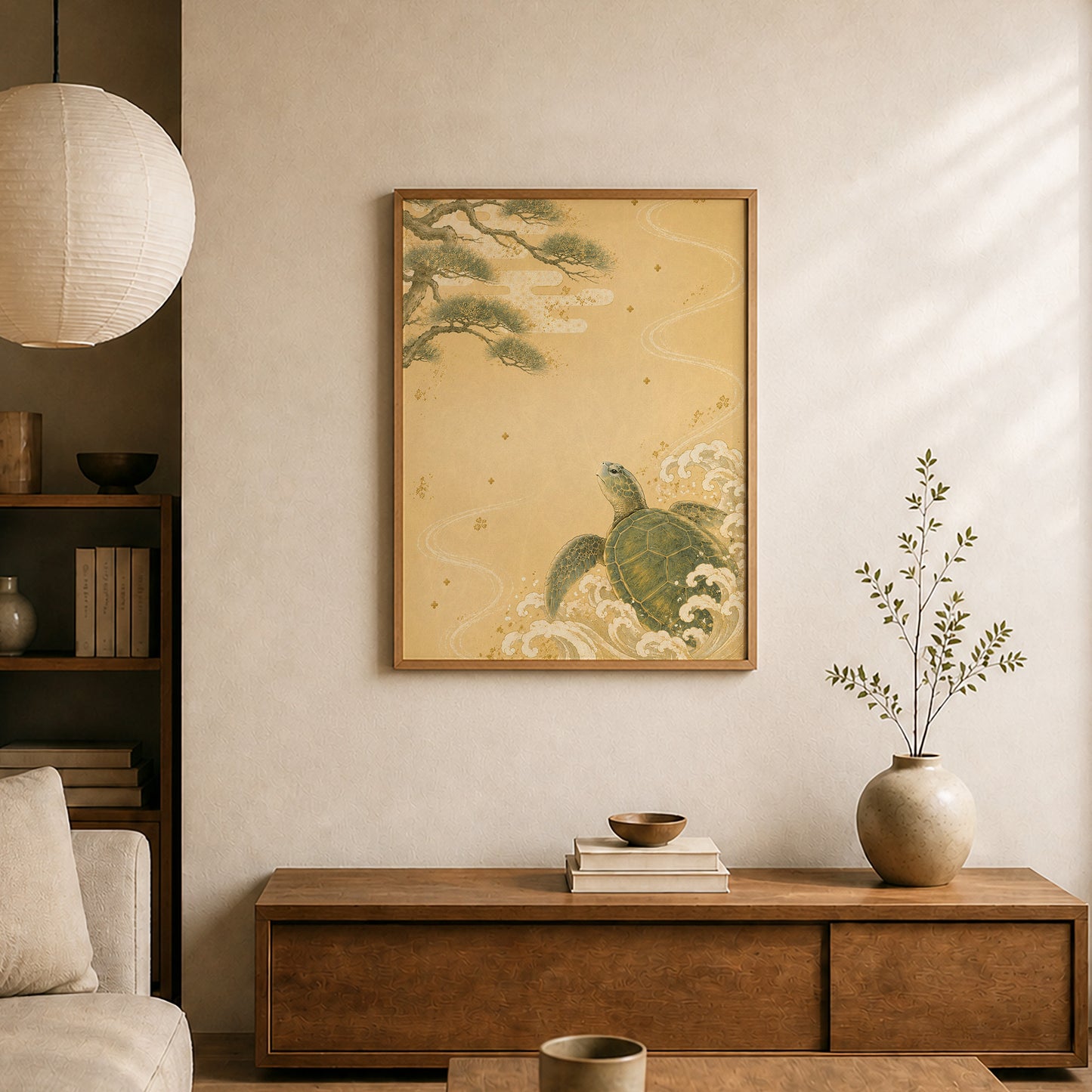 Turtle and Pine Waves – Japanese Turtle Wall Art Print (3:4 Edition)