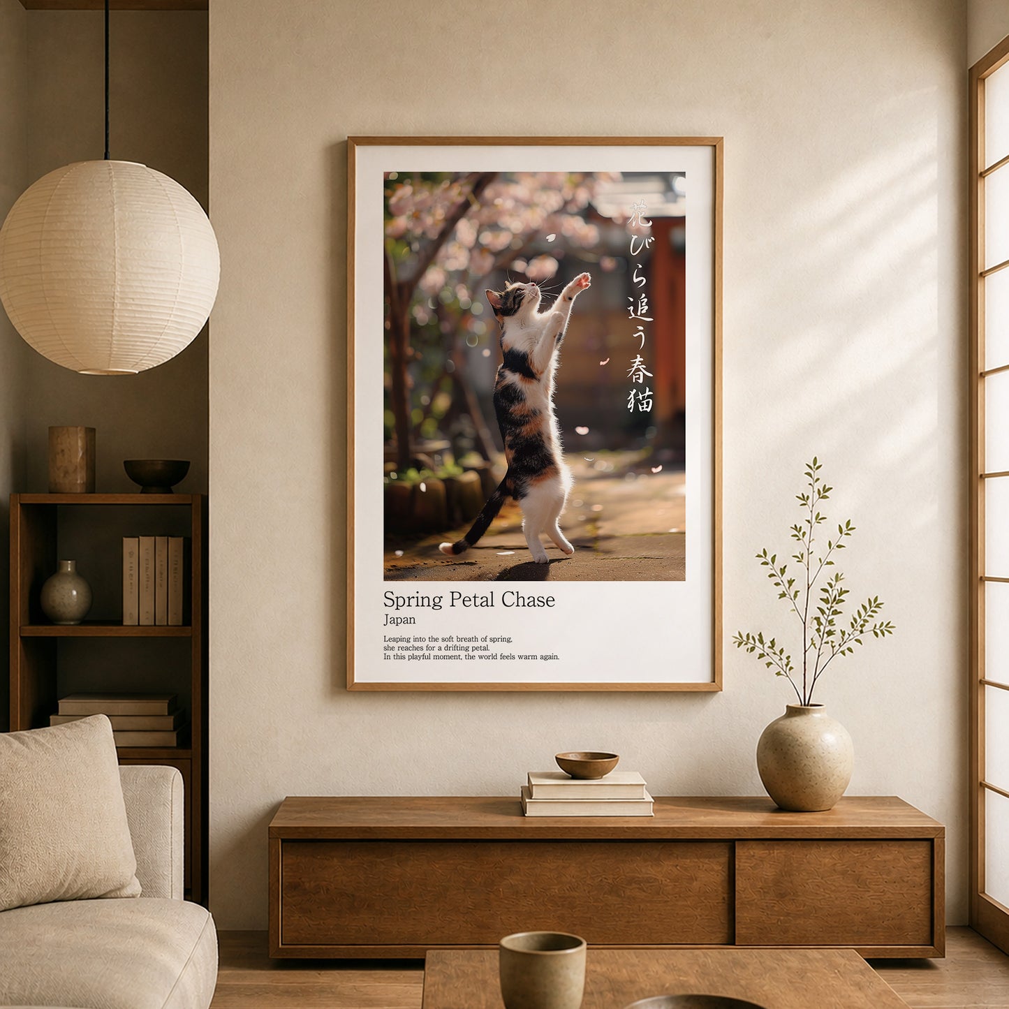 Spring Petal Chase – Japanese Calico Cat Wall Art Print (2:3 Edition)