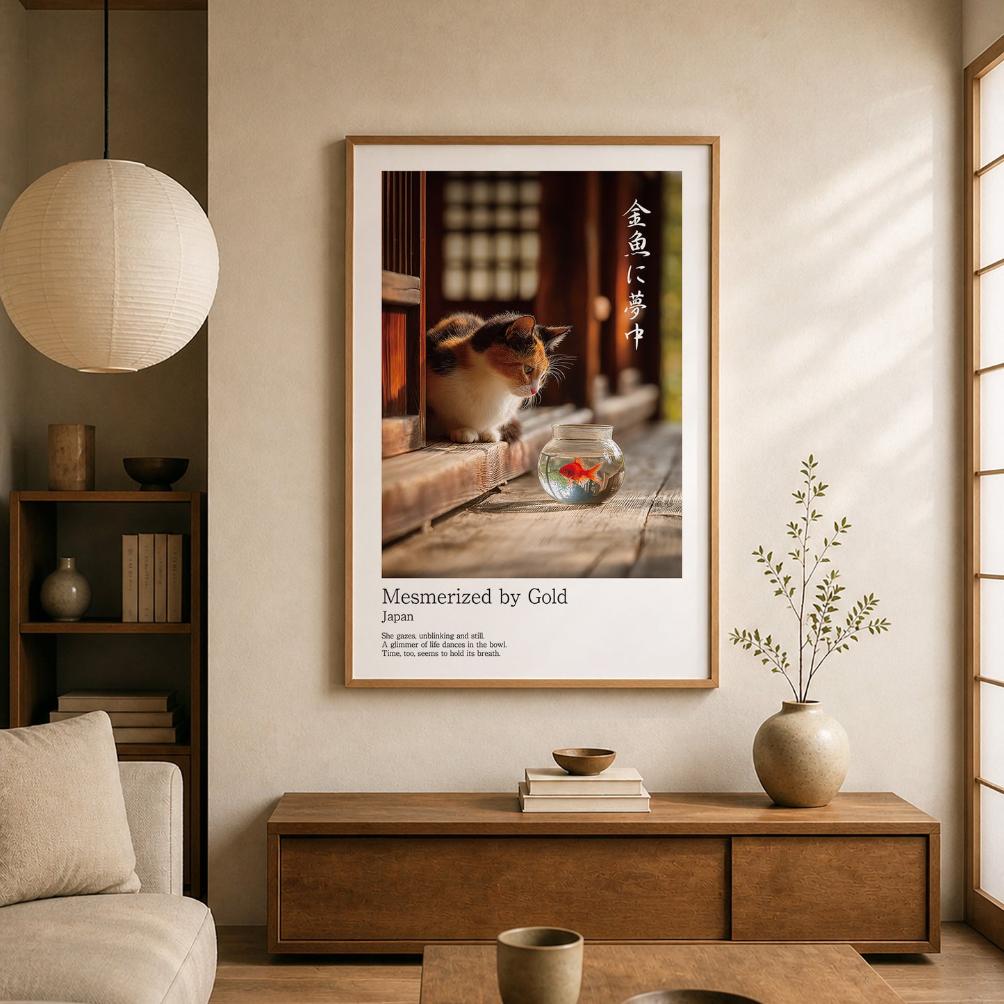 Japanese Calico Cat with Goldfish – Minimalist Japandi Wall Art Print (2:3 Edition)