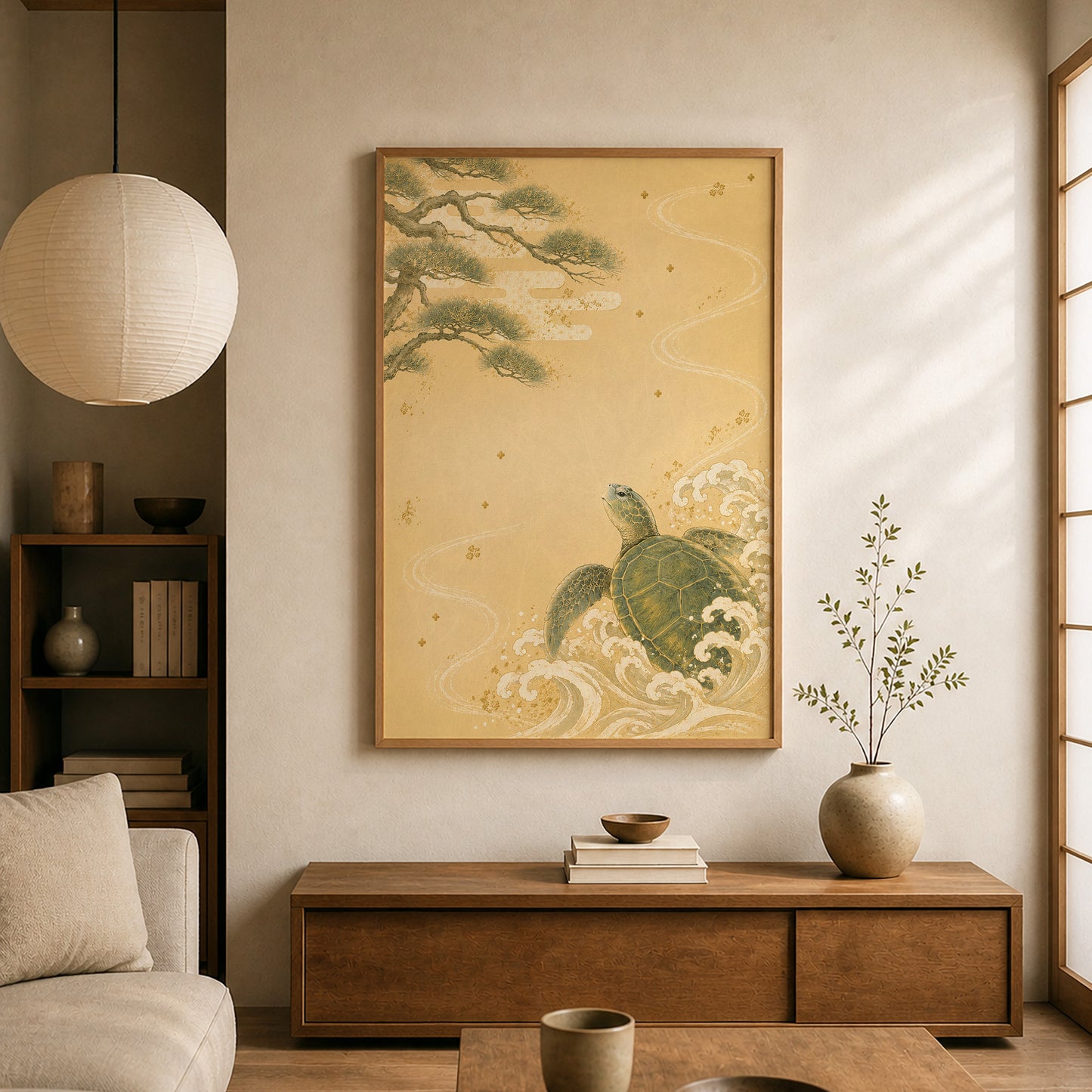 Turtle and Pine Waves – Japanese Turtle Wall Art Print (2:3 Edition)