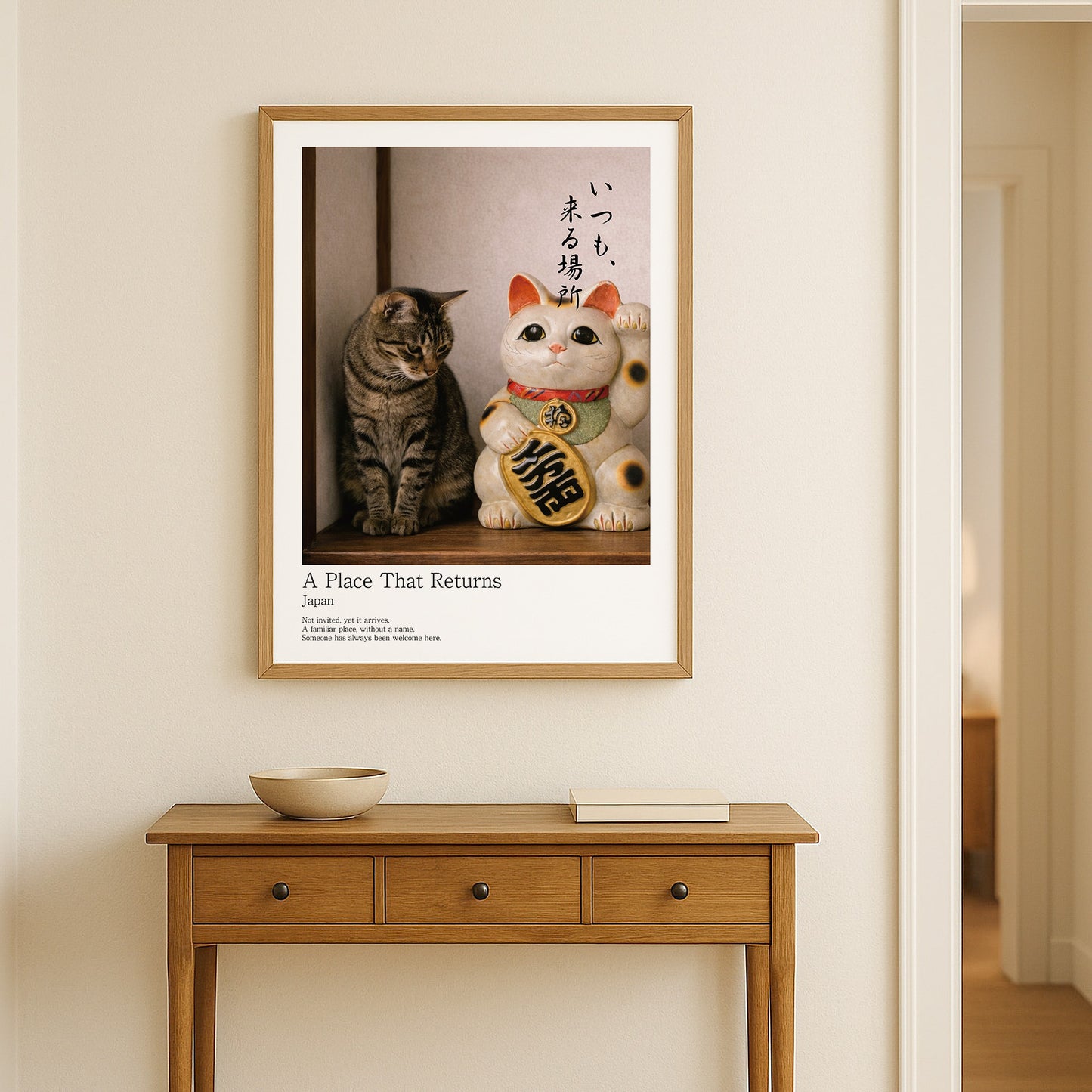 Japanese lucky cat wall art in serene Scandinavian Japanese hallway interior