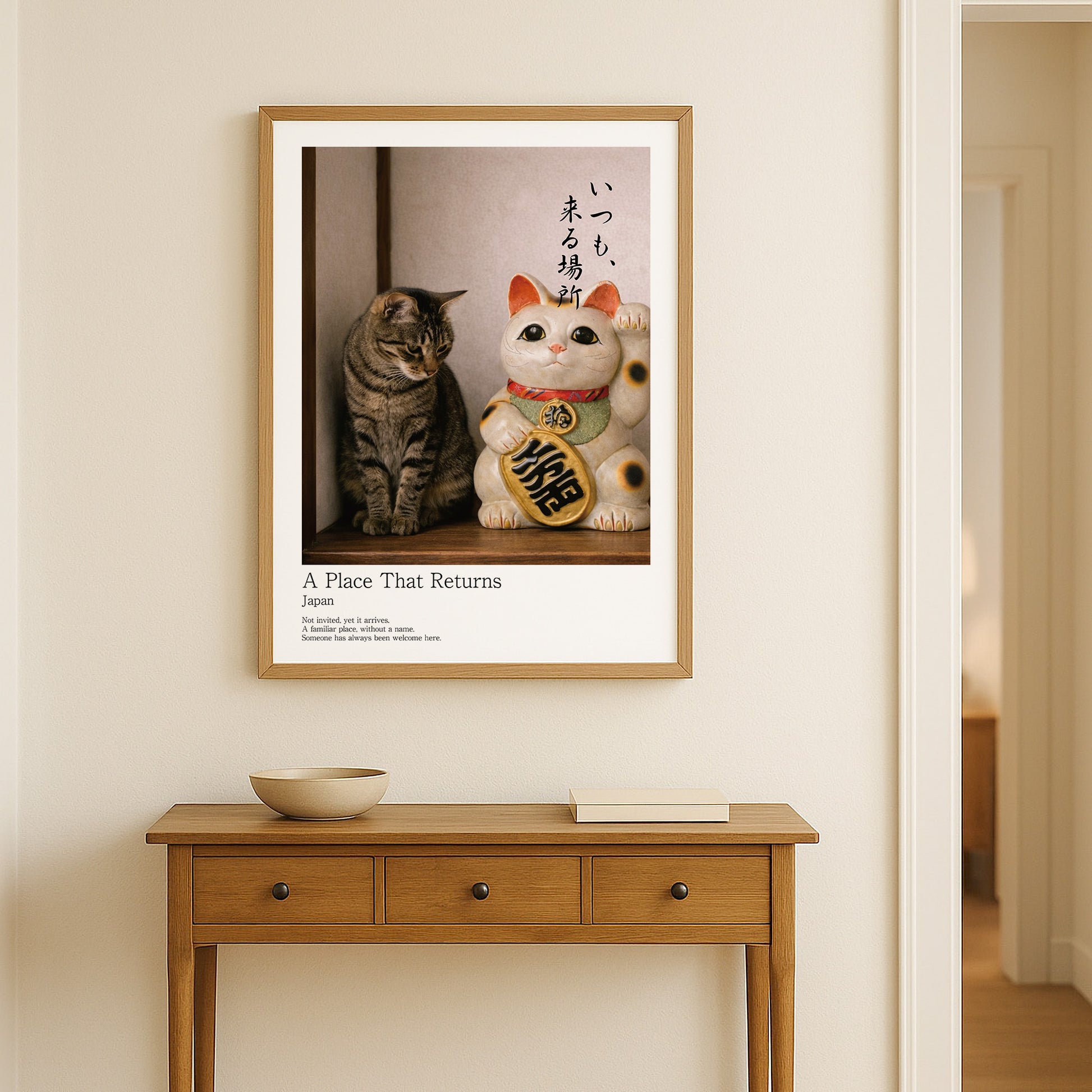 Japanese lucky cat wall art in serene Scandinavian Japanese hallway interior