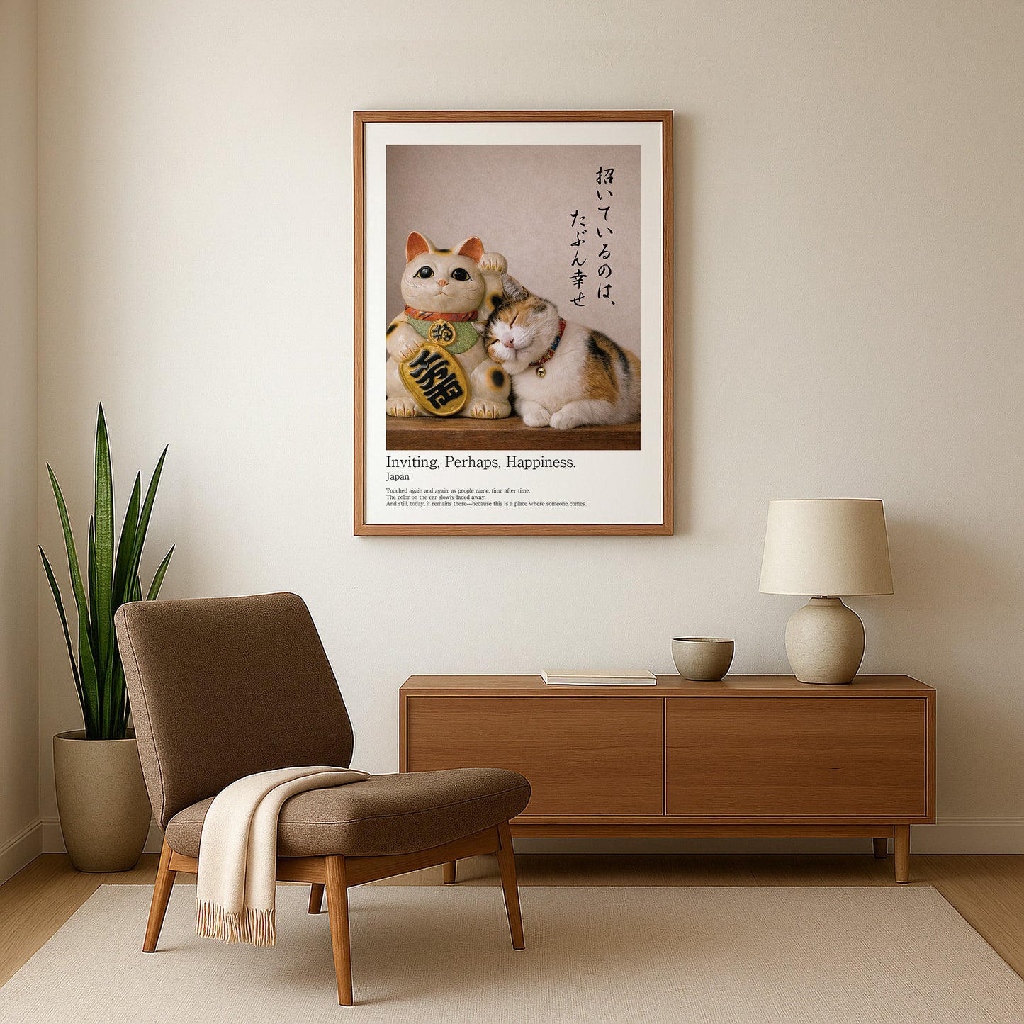 Maneki Neko wall art symbolizing happiness in warm Japandi living room with wooden furniture