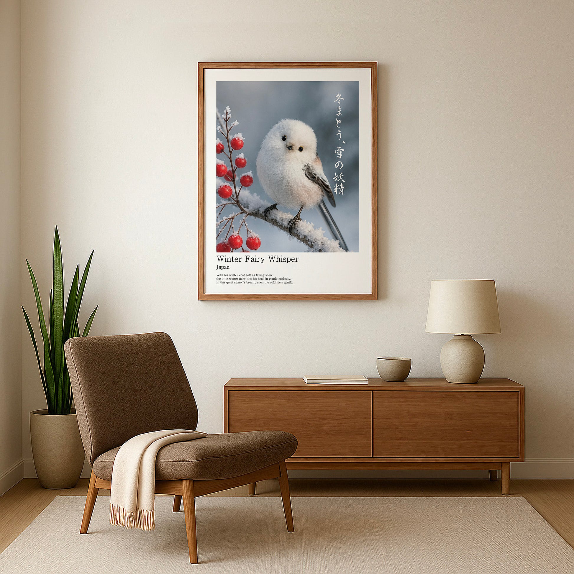 Shima Enaga winter wall art in serene Japandi living room interior