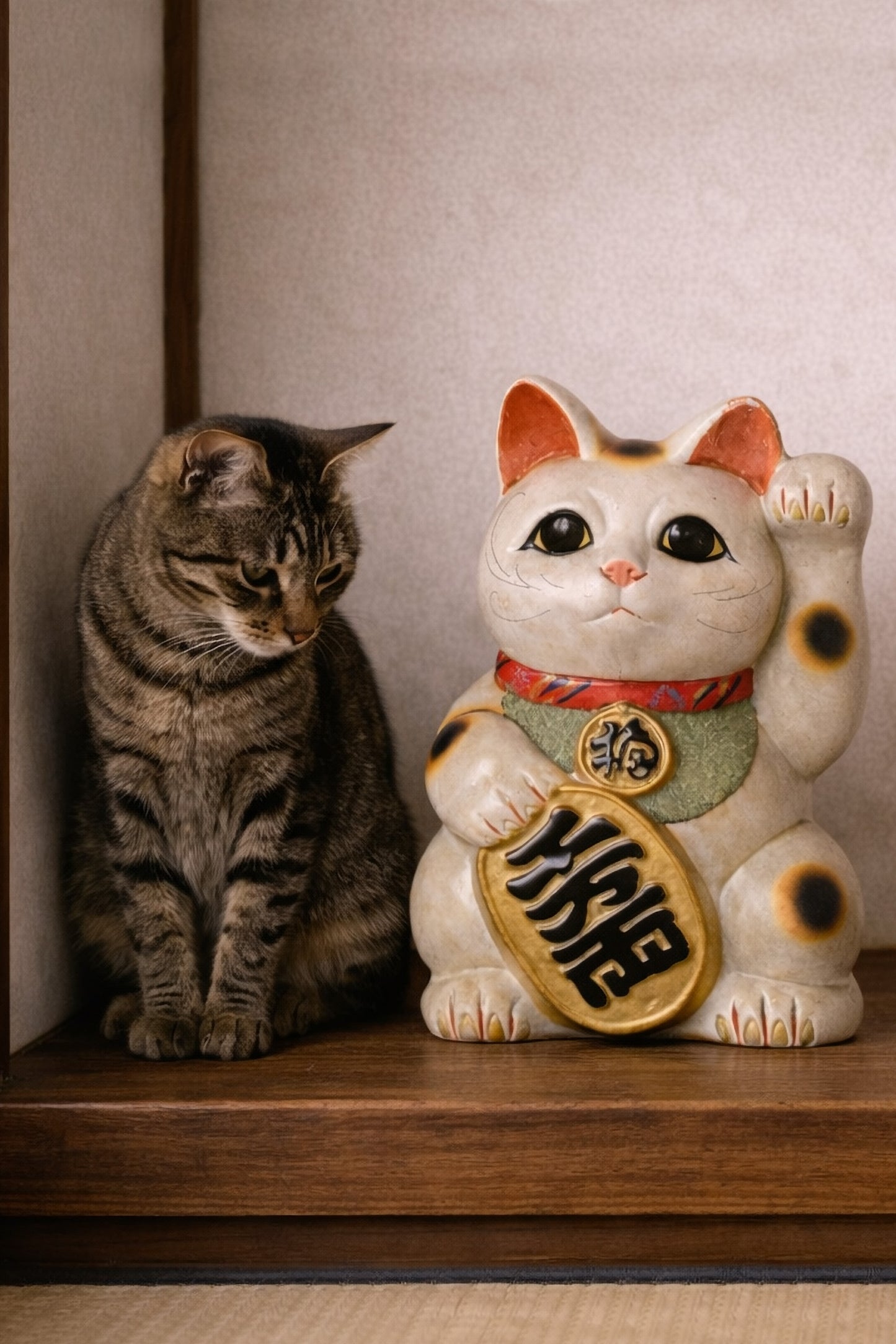 Lucky Companion – Japanese Maneki Neko & Tabby Cat Wall Art Print (2:3 Edition)