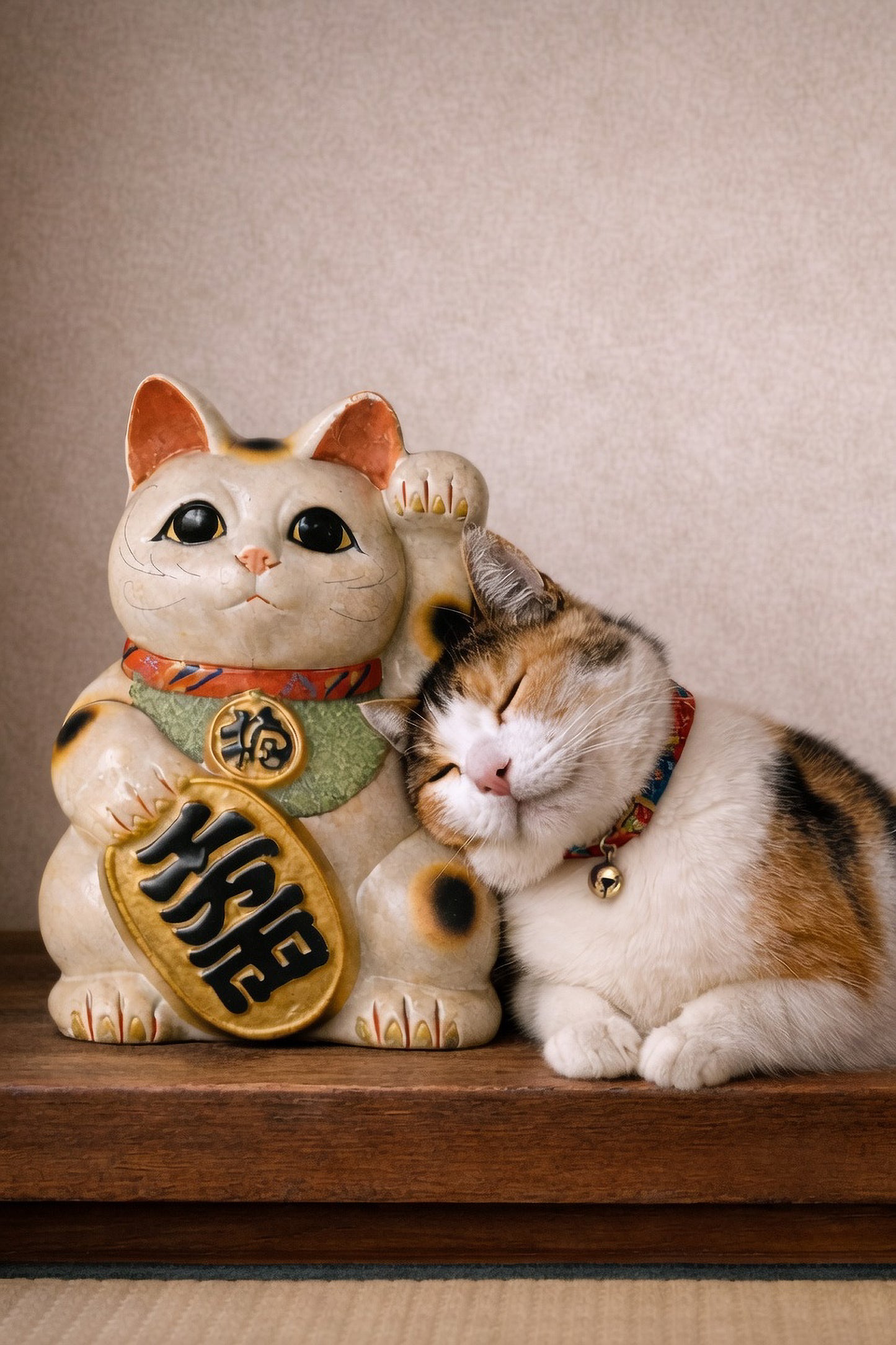 Inviting Happiness – Japanese Maneki Neko & Calico Cat Wall Art Print (3:4 Edition)