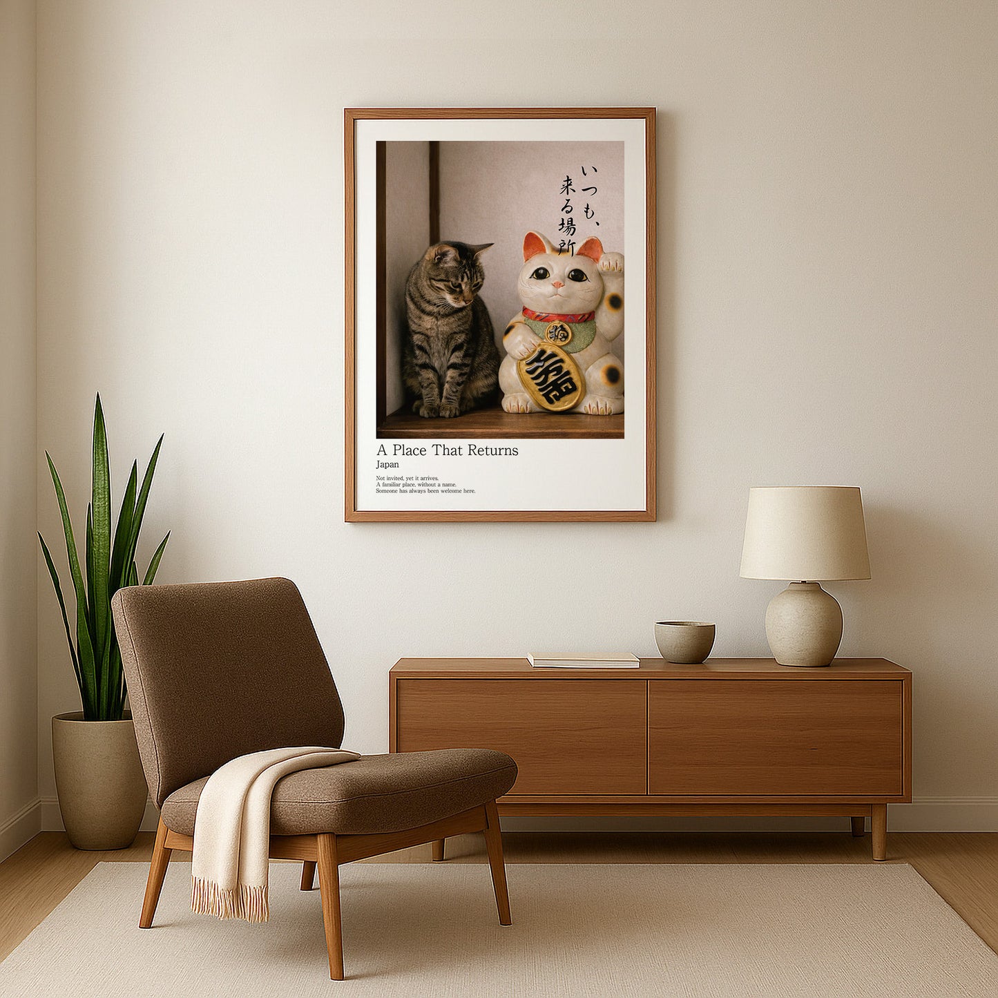 Maneki Neko wall decor in soft beige Japandi living room with wooden furniture