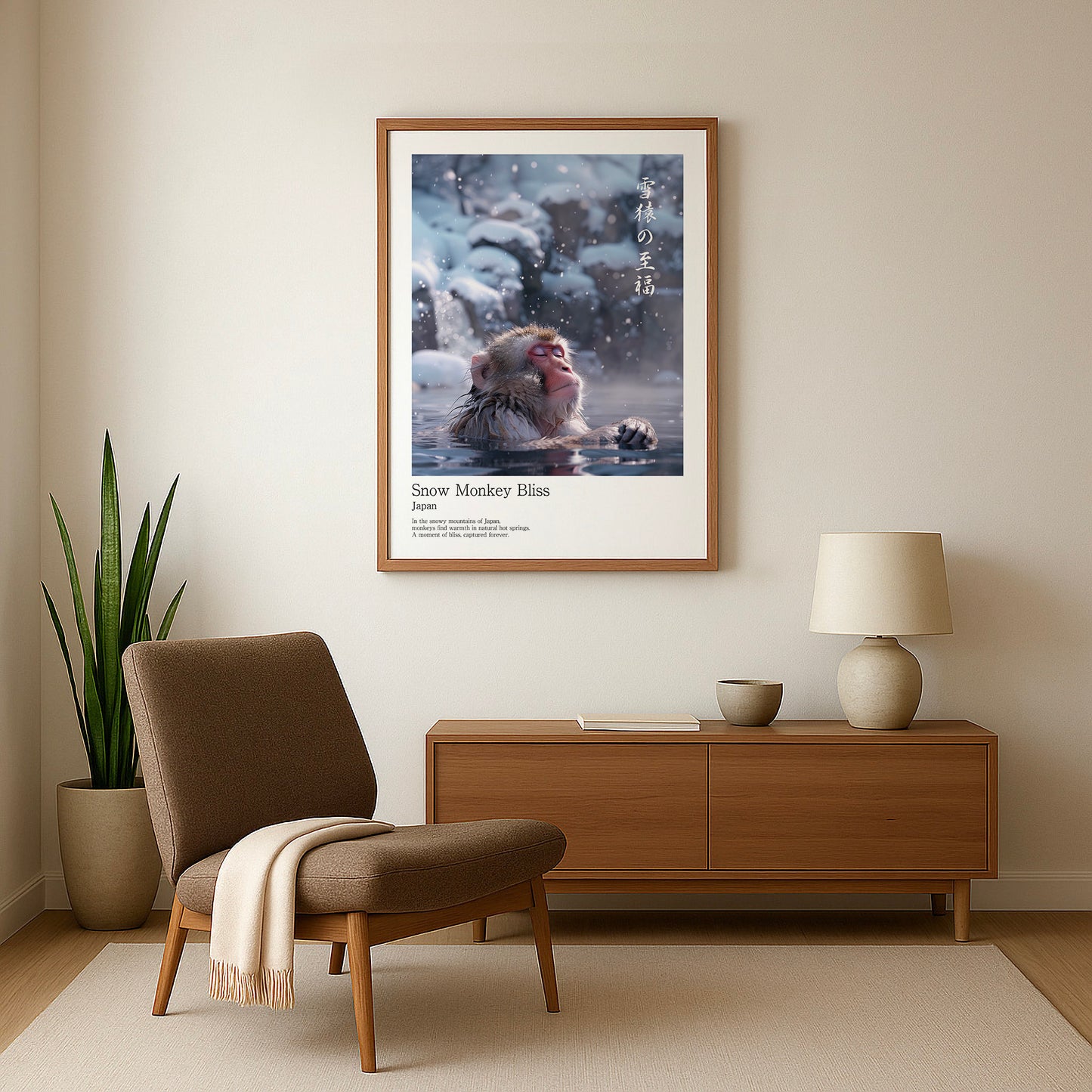 Snow Monkey winter wall decor in warm Scandinavian Japanese interior